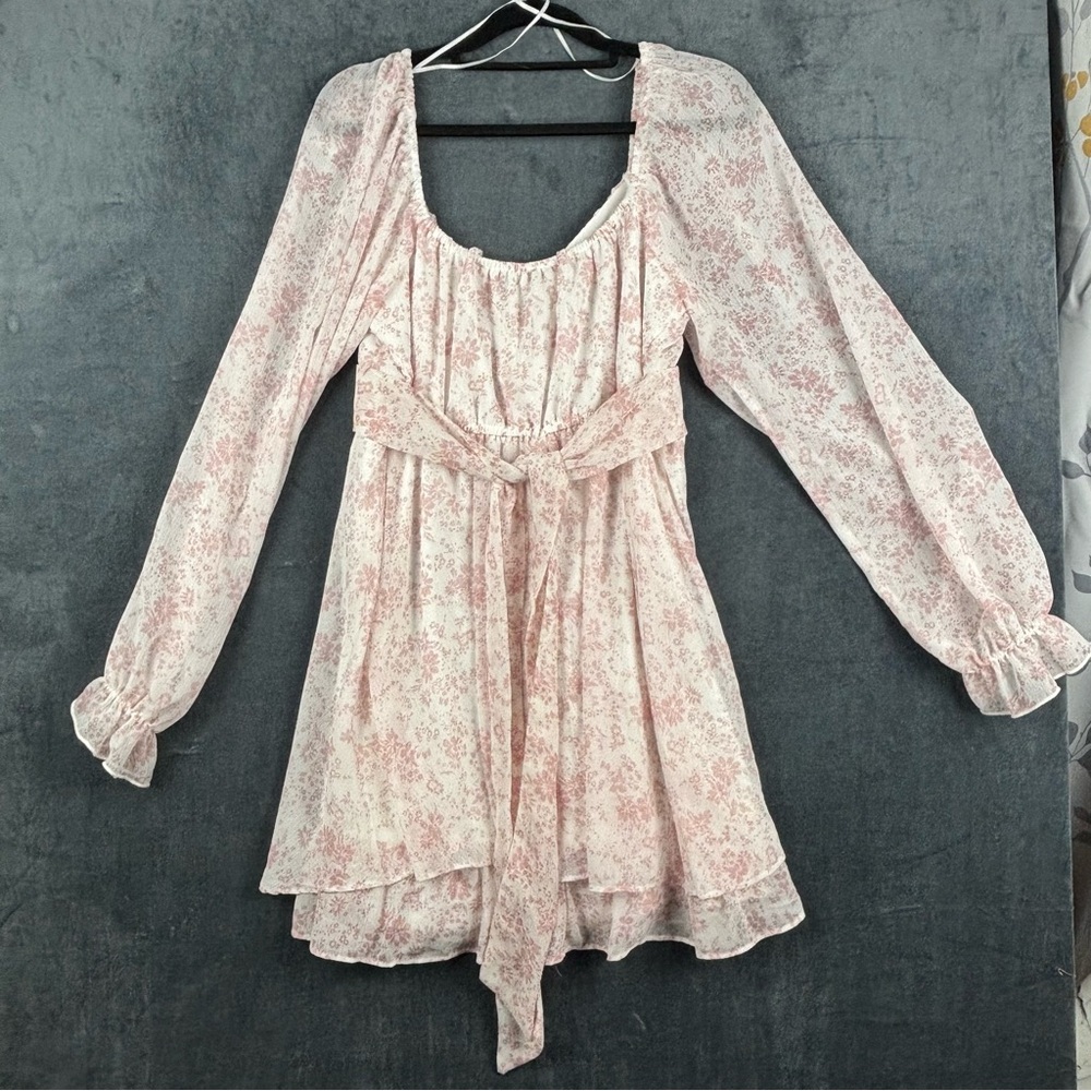 Thirty/Thirty Pink & White ditzy floral pattern Babydoll Dress w/Bishop Sleeves - Picture 9 of 11
